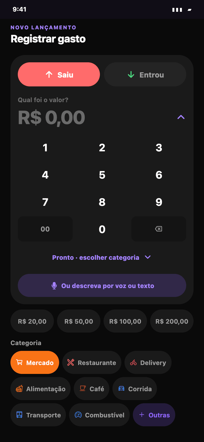 Registro de gastos com teclado numérico, categorias e opção por voz ou texto