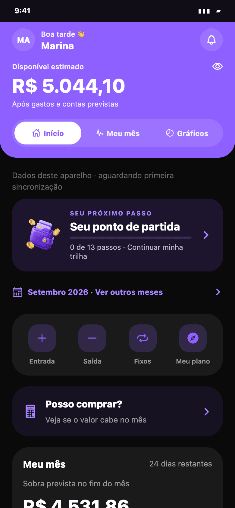 Visão inicial do mês no Size, com saldo e atalhos